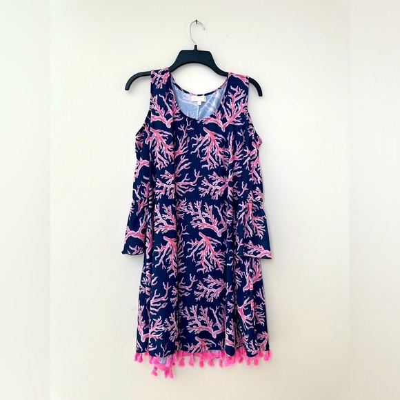 Simply Southern Coral Print Cold‎ Shoulder Dress with Tassels Size Large - Picture 1 of 6